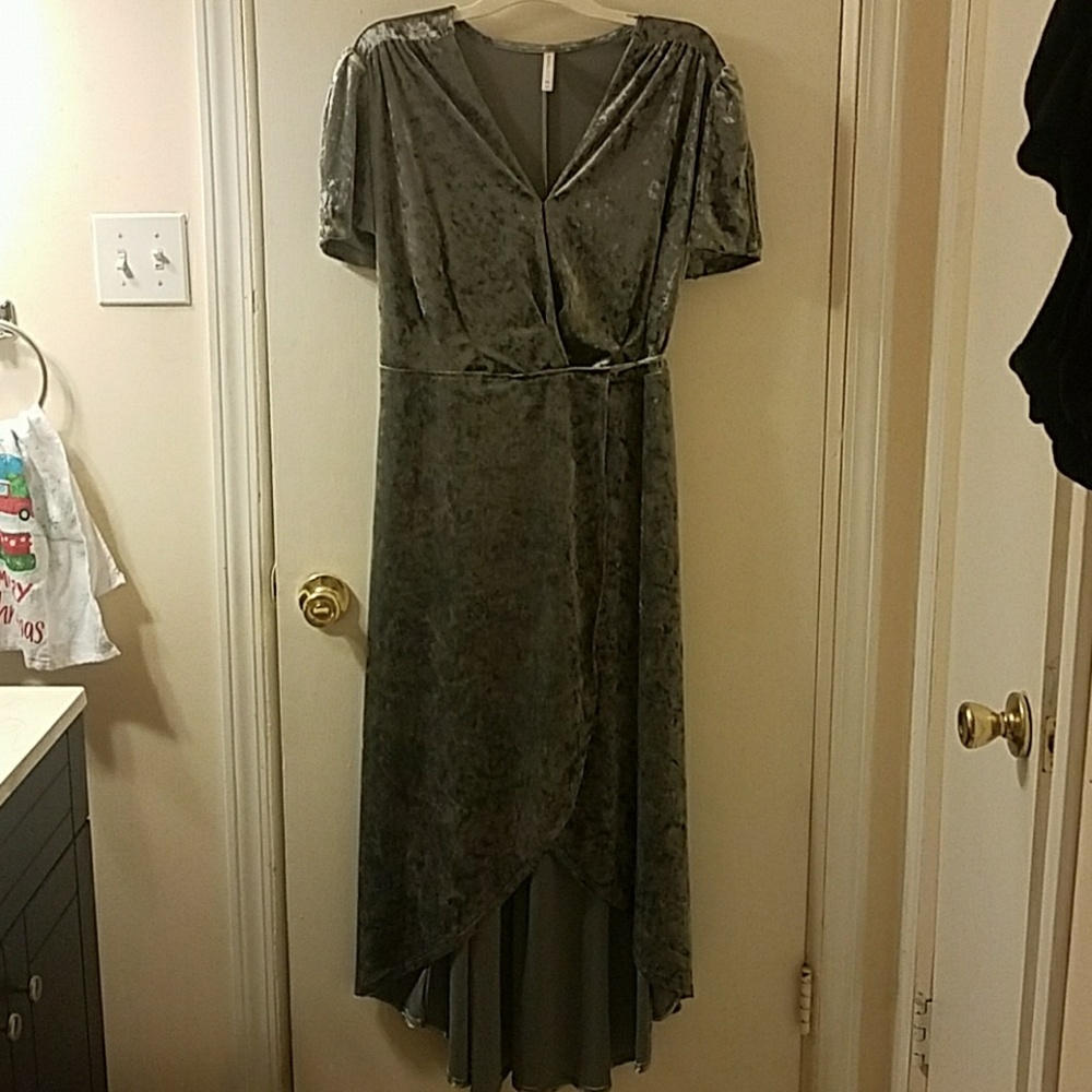 Silver crushed velvet wrap dress